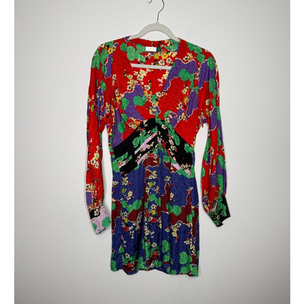 RIXO London Alanna 100% Silk Jacquard Cherry Blossom Floral Mini Dress L
